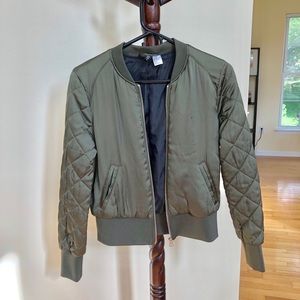 H&M Green Satin Quilted Bomber Jacket